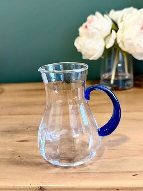 Mexican Blown Glass Creamer Pitcher Cobalt Blue Handle 5” Handblown